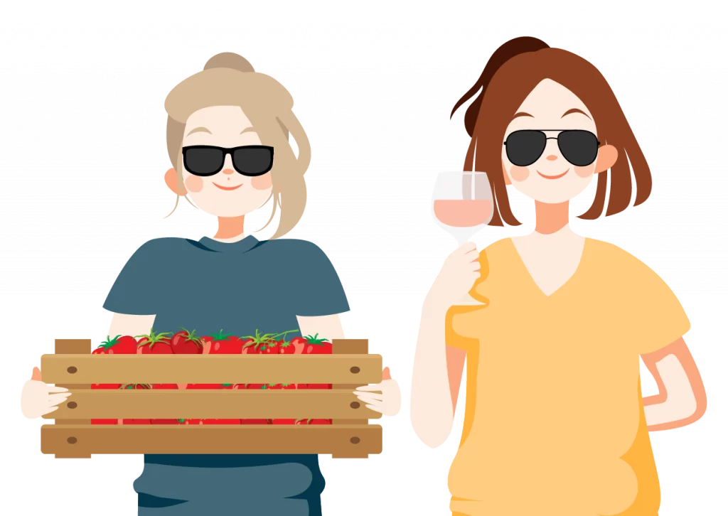 Illustration de Aube et Charlotte, patronnes des Ouiches Nantaises, épicerie et cave éthique. Version été.