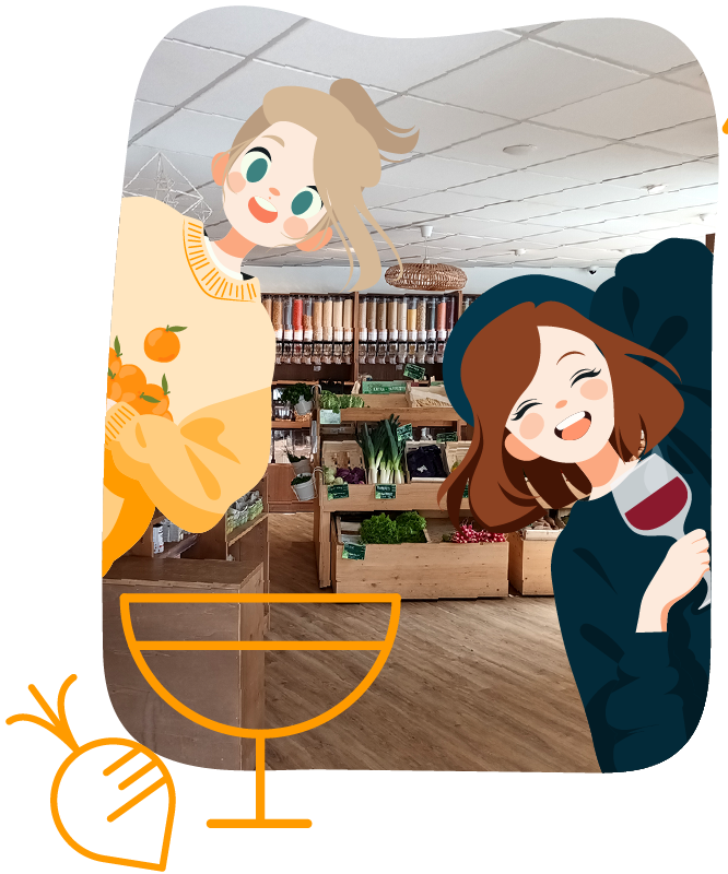 Portrait illustré de Aube et Charlotte des Ouiches Nantaises, épicerie éthique, dans leur boutique.